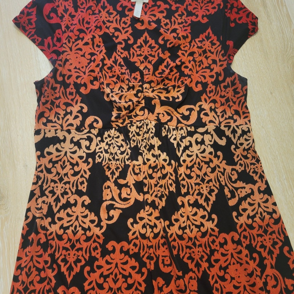 Soma Knit Dress Womens Large Red Orange Damask Empire Waist V-Neck Cap Sleeve - Picture 13 of 15